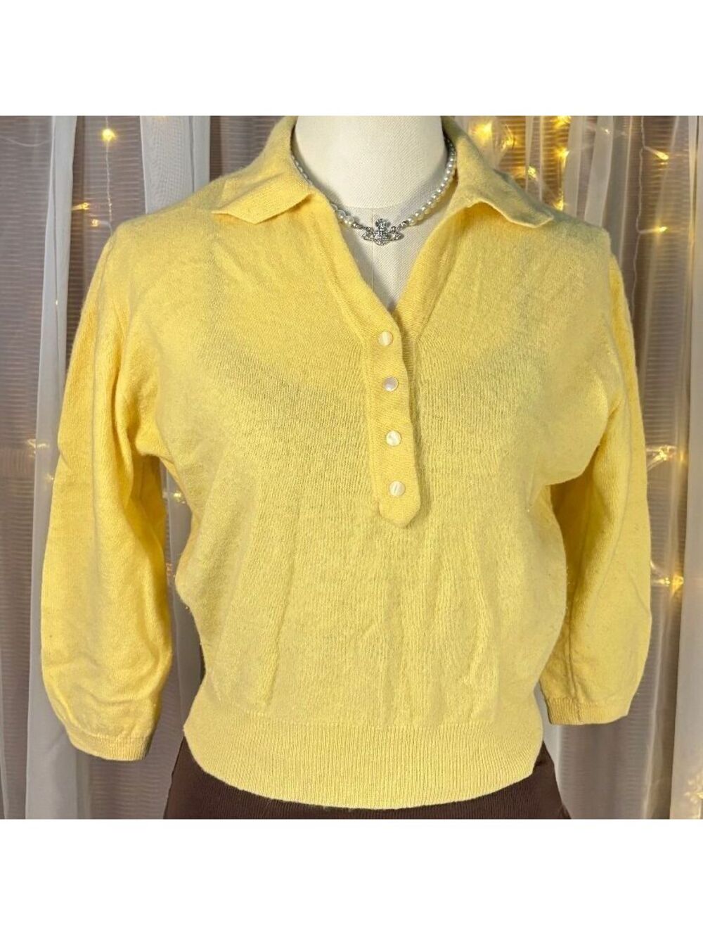 Vintage Darlene Minklam Butter Yellow Lambswool Mink Collared Sweater 3/4 Sleeve